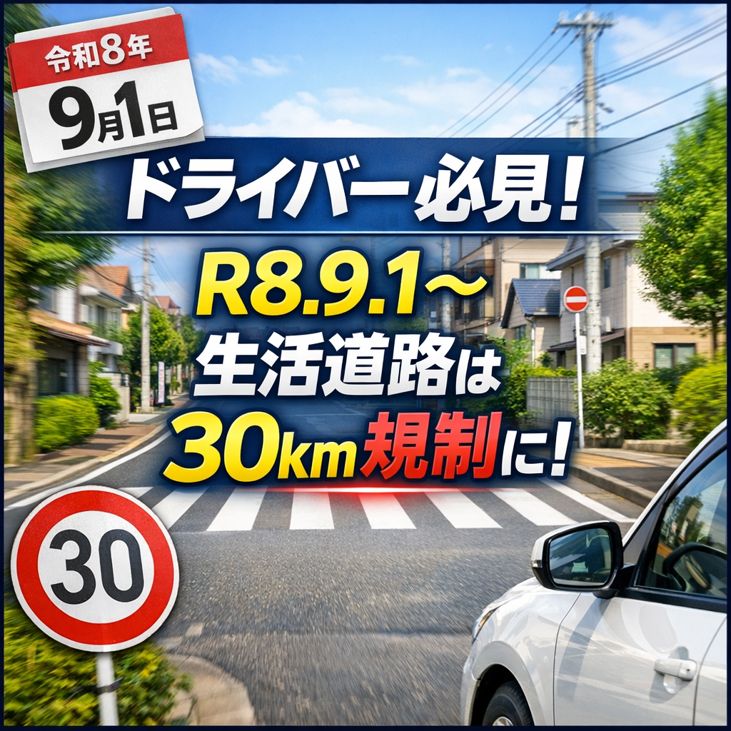 ドライバー必見！令和8年9月1日から生活道路は30km規制に変わります